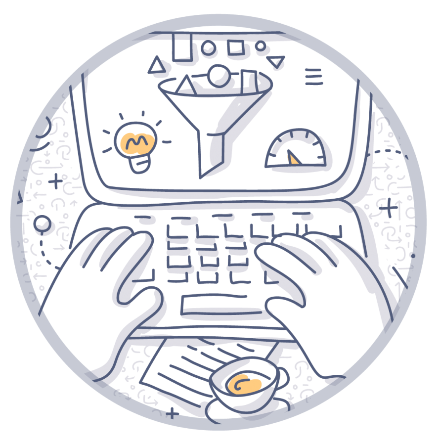 Graphic illustration of a person typing on a computer.